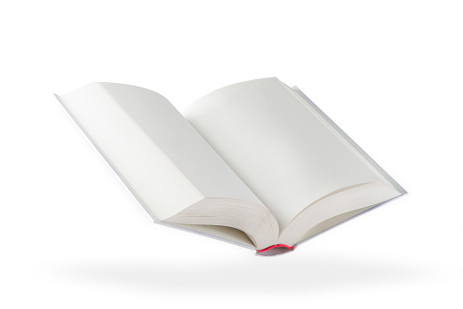 White open book. A blank white book floats in the air, casting a shadow over an isolated white background. Blank pages of a book