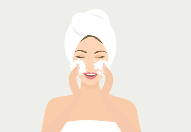 ilustraciones, imágenes clip art, dibujos animados e iconos de stock de hermosa mujer lavándose la cara con una ilustración vectorial de agua de burbujas. concepto de rutina de belleza - human face water washing women