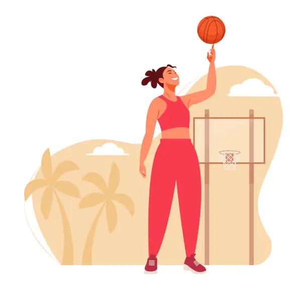 Vector illustration of A cute smiling basketball player - a girl or woman in sportswear standing on a basketball court next to a basket and spinning a basqueball on her finger