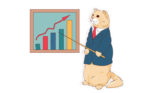 cute cat businessman in business suit with tie with pointer in his paw stands at blackboard with graph and indicates growth. Vector illustration in lineart style. concept of business success, income growth, planning.
