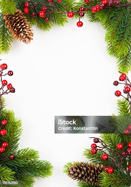 Art Christmas Frame With Fir And Holly Berry Stock Photo - Download Image Now - Backgrounds, Christmas, Christmas Decoration