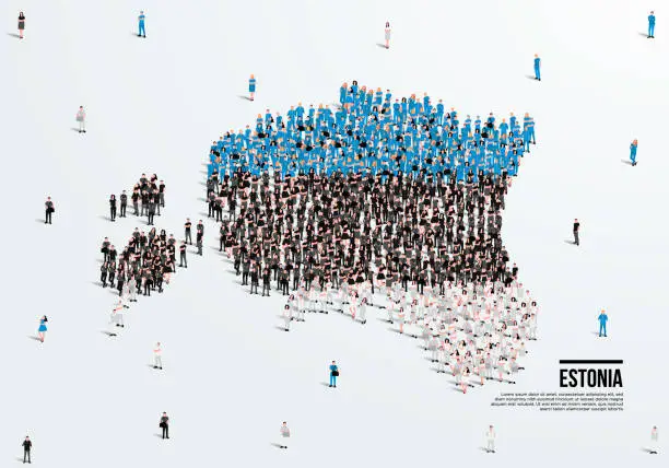 Vector illustration of Estonia Map and Flag. A large group of people in the Estonia flag color form to create the map. Vector Illustration.