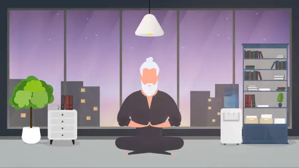 Vector illustration of A man in a black kimono meditates. Kung Fu Master. The guy is doing yoga. Vector.