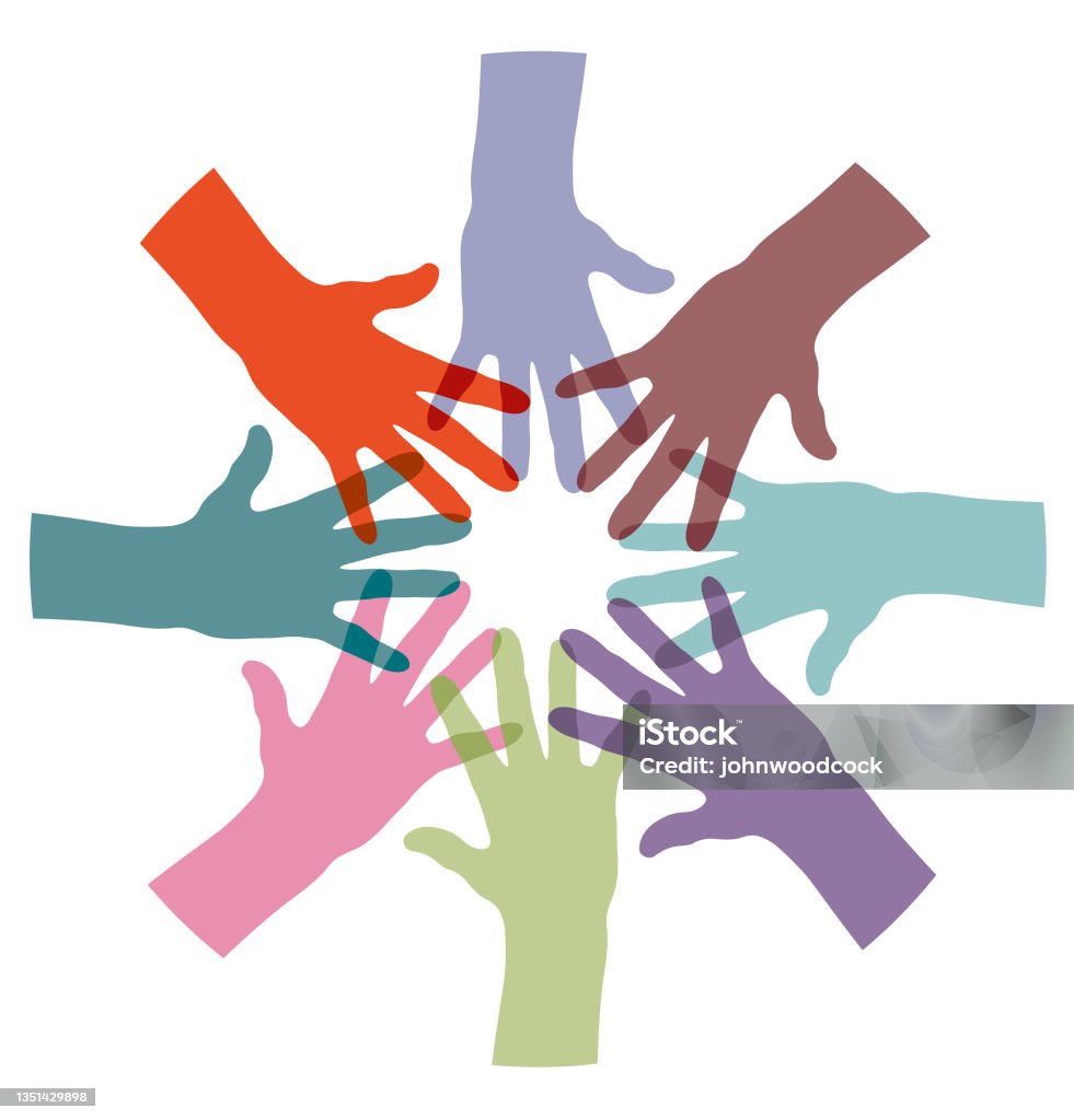 Touching hands circle illustration A circle of overlapping hands Respect stock vector