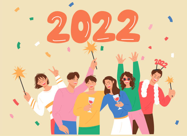 Happy new year New Year's card. Many people are celebrating the year 2022. flat design style vector illustration. confetti clipart stock illustrations