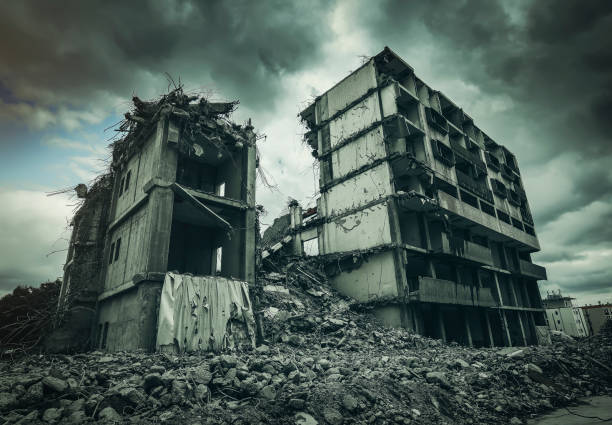 istock Post-apocalyptic destroyed building in city 1351431215