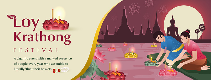 Thailand Loy Krathong festival, People in traditional costume floating baskets.