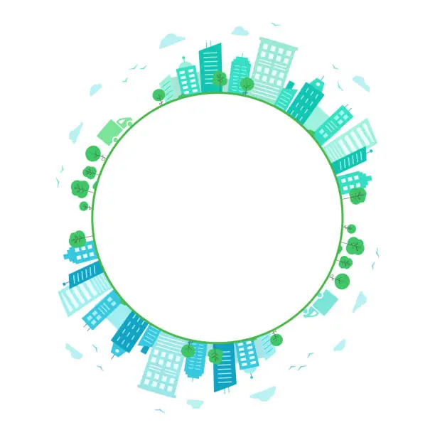 Vector illustration of Blue and green City in circle. Panorama of city buildings. Round city an copy space