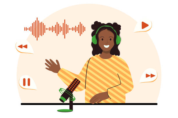 istock Vector flat illustration of a podcaster speaking into a microphone. Smiling African American woman with headphones is recording an audio podcast or online show. Podcasting broadcasting concept vector illustration in flat style 1351433997