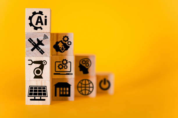 istock Artificial intelligence signs on wooden cubes, yellow background. 1351435115
