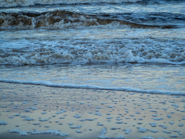 istock Wave with white foamy coastline beach. Sandy shore 1351435357