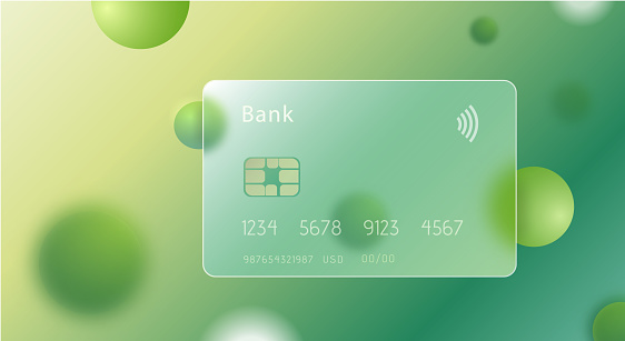 Transparent bank green card. Glass credit card with abstract green and white circles illustration with soft matte transparency effect. vector