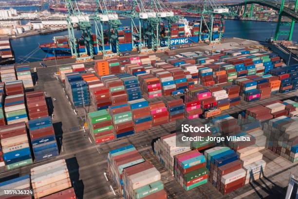 Port Of San Pedro In Los Angeles Ca With San Vicente Bridge In The Long Beach Area With Shipping Containers Stuck At Harbor Stock Photo - Download Image Now