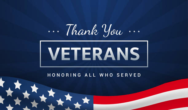 illustrazioni stock, clip art, cartoni animati e icone di tendenza di grazie veterani - onorando tutti coloro che hanno servito l'illustrazione vettoriale. bandiera usa che sventola su sfondo blu. carta del giorno dei veterani - us veterans day