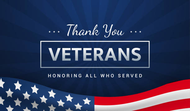 спасибо ветеранам - чествование всех, кто служил векторной иллюстрацией. сша флаг развевается на синем фоне. открытка на день ветеранов - veteran stock illustrations