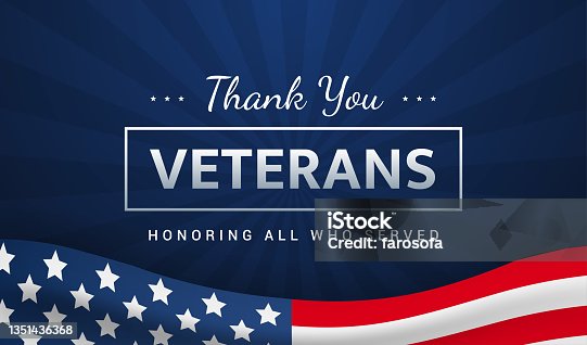 istock Thank you Veterans - Honoring all who served vector illustration. USA flag waving on blue background. Veterans day card 1351436368
