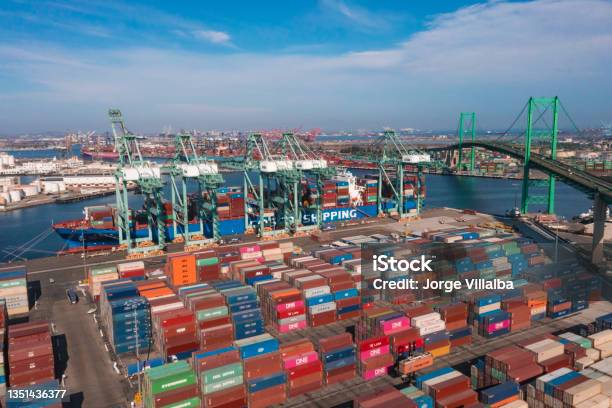 Port Of San Pedro In Los Angeles Ca With San Vicente Bridge In The Long Beach Area With Shipping Containers Stuck At Harbor Stock Photo - Download Image Now