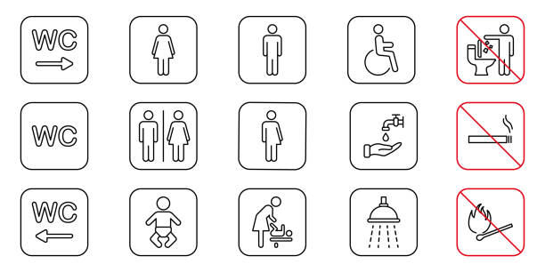 Toilet Room Line Icon. Set of WC Sign. Mother and Baby Room Outline Pictogram. Public Washroom for Disabled, Male, Female, Transgender. No smoking Sign. Editable Stroke. Vector Illustration Toilet Room Line Icon. Set of WC Sign. Mother and Baby Room Outline Pictogram. Public Washroom for Disabled, Male, Female, Transgender. No smoking Sign. Editable Stroke. Vector Illustration. bathroom icons stock illustrations