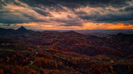 Autumn rural landscape with mountains peaks on background. Mountain Rudnik, Serbia.
