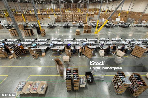 Packing Stations In Fulfillment Center Stock Photo - Download Image Now - Warehouse, Supply Chain, High Angle View