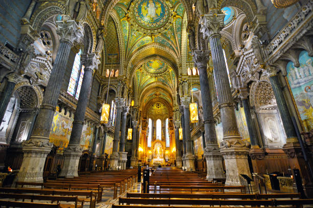 Basilica of Notre-Dame de Fourviere in Lion Interior of basilica of Notre-Dame de Fourviere is a minor basilica in Lyon, France fourviere stock pictures, royalty-free photos & images