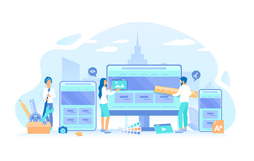 A team of web designers are working together to develop a ui-ux website design. Web Design. Website template for monitor, laptop, tablet, phone. Vector illustration flat style.