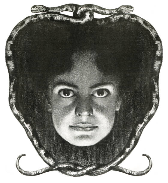женщина смотрит на тебя со змеями в стиле модерн 1897 - old fashioned antique engraved image engraving stock illustrations