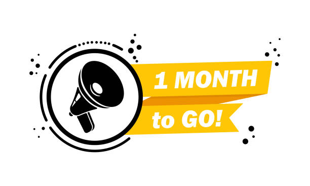 ilustrações de stock, clip art, desenhos animados e ícones de megaphone with 1 month to go speech bubble banner. loudspeaker. label for business, marketing and advertising. vector on isolated background. eps 10 - 4721