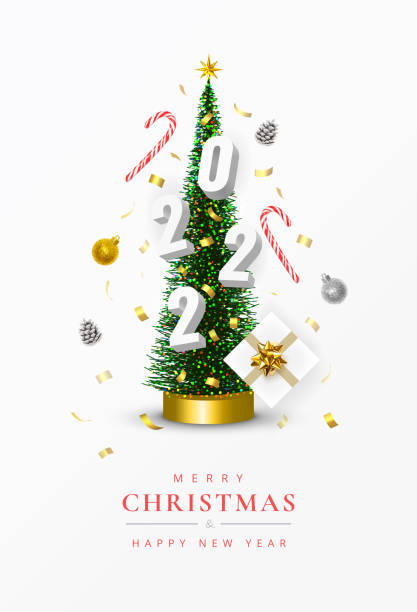 istock Christmas and New Year 2022 poster. Conical Christmas Tree. Pine cones, Sweets, Confetti, Gifts, 2022 numbers, Christmas balls are circling around the Xmas tree. Winter holiday composition 1351440424