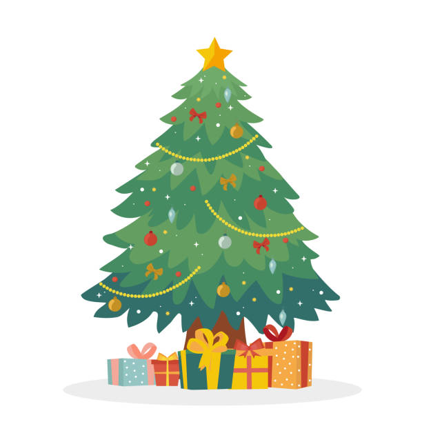 ilustrações, clipart, desenhos animados e ícones de árvore de natal decorada com caixas de presente, uma estrela, luzes, bolas de decoração e lâmpadas. feliz natal e feliz ano novo. ilustração vetorial. - arvore de natal