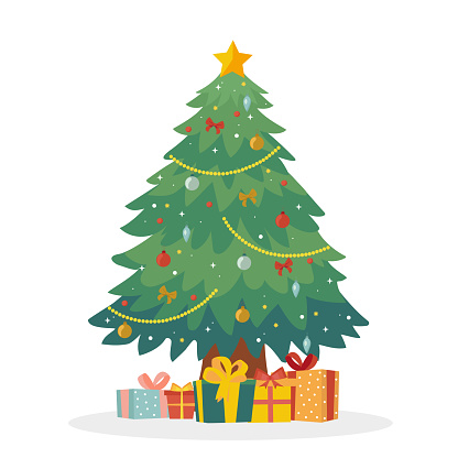 Decorated Christmas tree with gift boxes, a star, lights, decoration balls and lamps. Merry Christmas and happy New Year. Vector illustration.