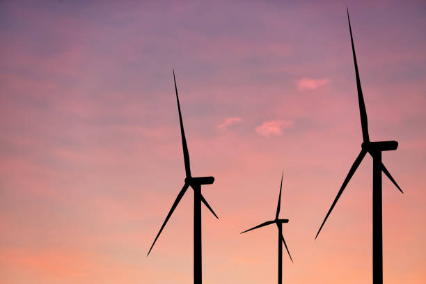 istock Silhouettes of wind turbines at sunset. Alternative energy source 1351441592