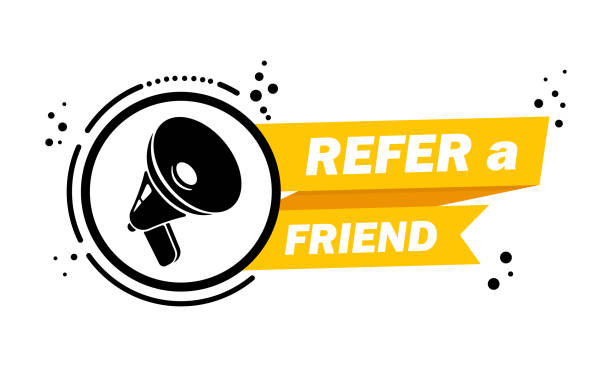 Megaphone with Refer a friend banner. Loudspeaker. Label for business, marketing and advertising. Vector on isolated background. EPS 10 vector art illustration