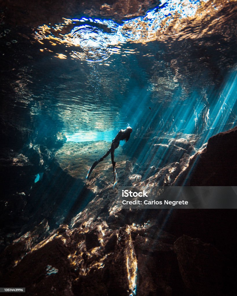 Shallow Freediving A Japanese Freediver swimming and enjoying the beauty of a Mexican Cenote Mexico Stock Photo