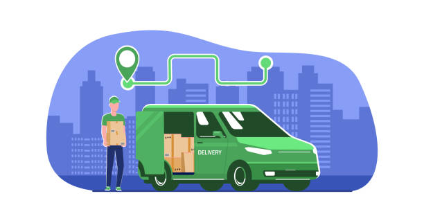 ilustrações, clipart, desenhos animados e ícones de conceito para um serviço logístico utilizando veículos elétricos. ilustração vetorial. - van delivery van mini van messenger