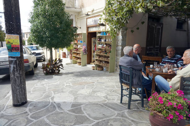 Greece. Apeirantos. October 09, 2021. Greece men sitting in the outdoor cafe of the mountain village Apeirantos