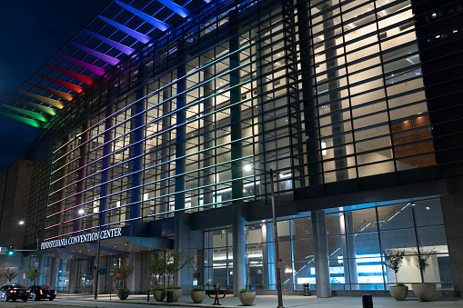 Philadelphia, Pa. USA, Oct. 29, 2021: facade of the Pennsylvania Convention Center at night, Philadelphia, Pa. USA