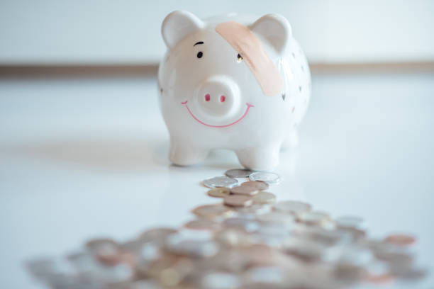 The piggy bank with a patch with plenty of coins. Banking financial liquidity. stock photo