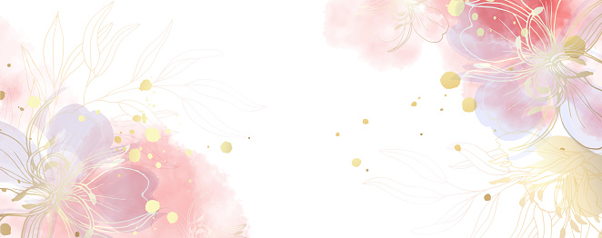 Luxurious golden wallpaper. Banner with flowers. Watercolor spots and stains on a white background. Shiny flowers and twigs. Vector file.