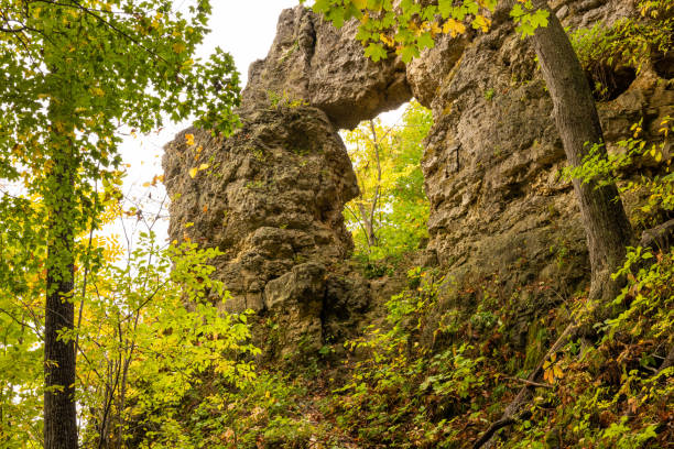 arco de roca en los bosques de otoño - natural tunnel state park fotografías e imágenes de stock