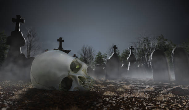 istock Scary skull in cemetery at night. Graves around. 3D rendered illustration. 1351449169