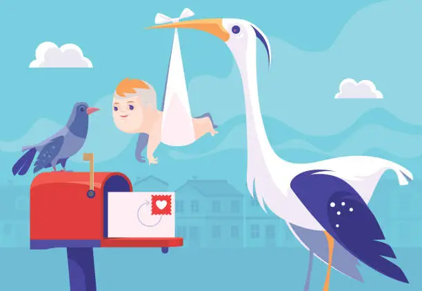 Vector illustration of stork delivering baby and meeting pigeon