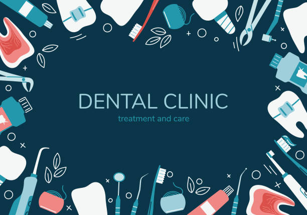 stockillustraties, clipart, cartoons en iconen met dentistry banner concept. dental frame with tools for cleaning and treatment of teeth. healthy clean tooth, orthodontics, oral cavity care. flat vector illustration of background, template poster. - dental