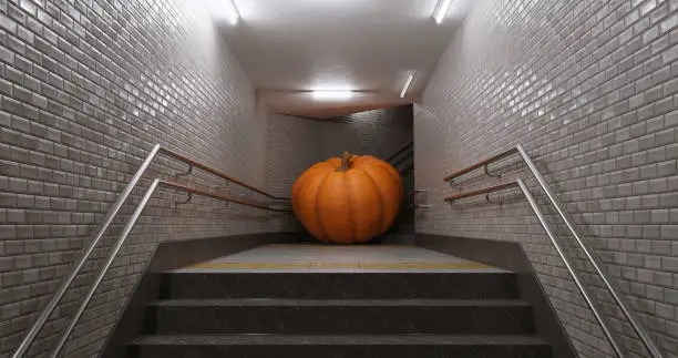 Photo of 3d render, 3d illustration. Subway with orange pumpkin.