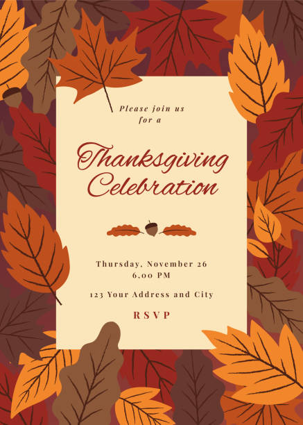 illustrazioni stock, clip art, cartoni animati e icone di tendenza di modello di invito per il ringraziamento. - vector thanksgiving fall holidays and celebrations