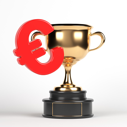 Red-colored Euro symbol and golden awarding cup. On white-colored background. Square composition with copy space. Isolated with clipping path.
