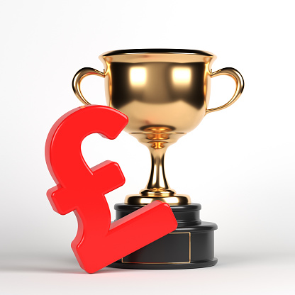 Red-colored Pound symbol and golden awarding cup. On white-colored background. Square composition with copy space. Isolated with clipping path.