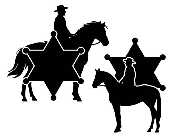 wild west sheriff cowboy reitet pferd schwarze vektor silhouette gegen star badge design set - cowboy hat wild west single object white background stock-grafiken, -clipart, -cartoons und -symbole