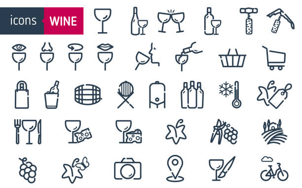 ilustraciones, imágenes clip art, dibujos animados e iconos de stock de establecer iconos de vino. iconos botellas y copas de vino, tienda, degustación, comida, bodega, viñedos, enoturismo y actividades. iconos de cata de vinos. - wine tasting