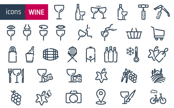 Set icons of wine. Icons bottles and wine glasses, shop, tasting, food, cellar, vineyards, wine tourism and activities. Wine tasting icons. Set icons of wine. Icons bottles and wine glasses, shop, tasting, food, cellar, vineyards, wine tourism and activities. Wine tasting icons. vector illustration. buying liquor stock illustrations